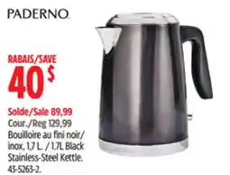Canadian Tire Paderno 1.7L Black Stainless-Steel Kettle offer