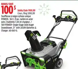 Canadian Tire EGO 56V POWER+ Single-Stage Steel Auger Snowblower, 21 with 2x5Ah Batteries & Charger offer