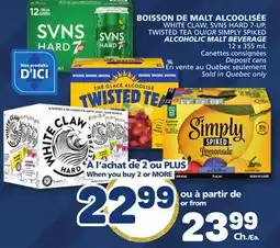 Marché Bonichoix WHITE CLAW, SVNS HARD 7-UP, OU/TWISTED TEA OR SIMPLY SPIKED SIMPLY SPIKED ALCOHOLIC MALT BEVERAGE offer