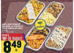 Marché Adonis Paella, boeuf stroganoff avec pâtes, riz au poulet ou filet de saumon avec pâtes offer