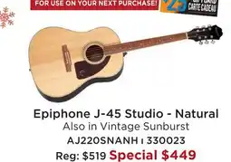 Long & McQuade EPIPHONE J-45 STUDIO-NATURAL offer