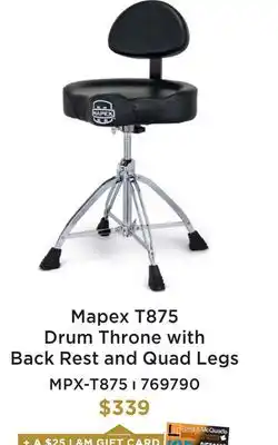 Long & McQuade MAPEX T875 DRUM THRONE WITH BACK REST AND QUAD LEGS offer