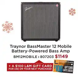 Long & McQuade TRAYNOR BASSMASTER 12 MOBILE BATTERY-POWERED BASS AMP offer