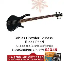 Long & McQuade TOBIAS GROWLER IV BASS - BLACK PEARL offer