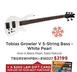 Long & McQuade TOBIAS GROWLER V 5-STRING BASS - WHITE PEARL offer