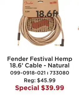 Long & McQuade FENDER FESTIVAL HEMP 18.6' CABLE - NATURAL offer