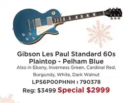 Long & McQuade GIBSON LES PAUL STANDARD 60S PLAINTOP-PELHAM BLUE offer