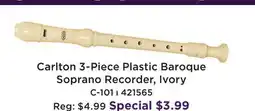 Long & McQuade CARLTON 3-PIECE PLASTIC BAROQUE SOPRANO RECORDER, IVORY offer