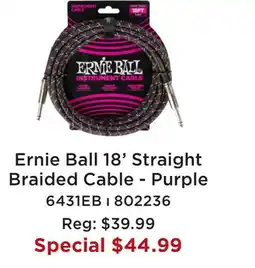 Long & McQuade ERNIE BALL 18' STRAIGHT BRAIDED CABLE - PURPLE offer