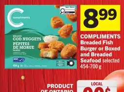 Foodland COMPLIMENTS Breaded Fish Burger or Boxed and Breaded Seafood offer