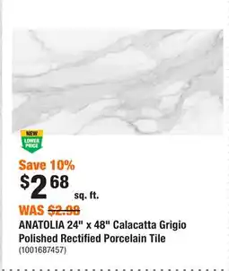 Home Depot ANATOLIA 24 x 48 Calacatta Grigio Polished Rectified Porcelain Tile offer