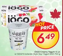 Sobeys IÖGO Creamy Yogurt 16 pk or SIGGI'S Icelandic Style Skyr Yogurt 650-750 g offer