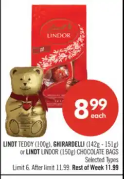 Shoppers Drug Mart LINDT TEDDY (100g), GHIRARDELLI (142g - 151g) or LINDT LINDOR (150g) CHOCOLATE BAGS offer