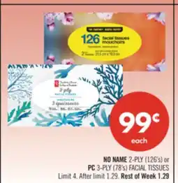 Shoppers Drug Mart NO NAME 2-PLY (126's) or PC 3-PLY (78's) FACIAL TISSUES offer