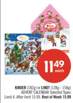 Shoppers Drug Mart KINDER (182g) or LINDT (128g - 158g) ADVENT CALENDAR offer