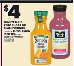 Loblaws MINUTE MAID ZERO SUGAR OR SIMPLY DRINKS FUZE LEMON ICED TEA 1.75 L offer