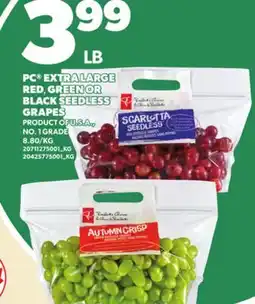 Loblaws PC EXTRA LARGE REDRED,, GREEN OR BLACK SEEDLESS GRAPES offer