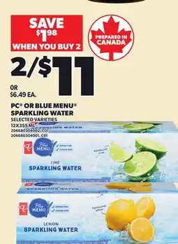 Loblaws PC OR BLUE MENU SPARKLING WATER, 12X355 ML offer