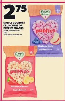 Loblaws SIMPLY GOURMET CRUNCHERS OR PUFFIES SNACKS, 32 G offer