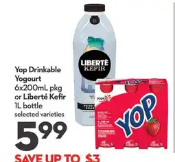 Longo's Yop Drinkable Yogourt 6x200mL pkg or Liberté Kefir 1L bottle offer