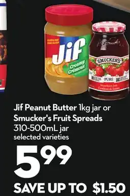 Longo's Jif Peanut Butter 1kg jar or Smucker's Fruit Spreads 310-500mL jar offer