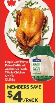 Longo's Maple Leaf Prime Raised Without Antibiotics Fresh Whole Chicken offer