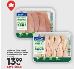 Longo's Maple Leaf Prime Raised Without Antibiotics Chicken Breast Fillets or Thin Sliced offer
