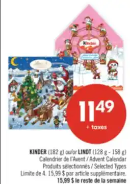 Pharmaprix KINDER (182 g) or LINDT (128 g - 158 g) Advent Calendar offer