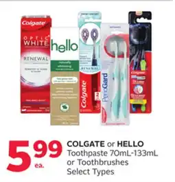 Rexall COLGATE or HELLO Toothpaste 70mL-133mL or Toothbrushes offer