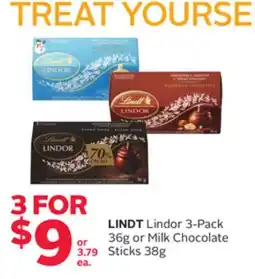 Rexall LINDT Lindor 3-Pack 36g or Milk Chocolate Sticks 38g offer