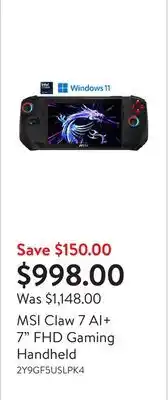 Walmart MSI Claw 7 AI+ 7 FHD Gaming Handheld offer