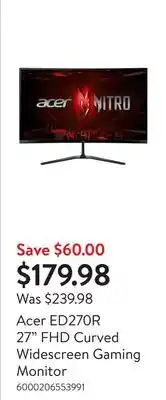 Walmart Acer ED270R 27 FHD Curved Widescreen Gaming Monitor offer