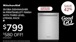 Goemans Appliances KITCHENAID 39 DBA DISHWASHER IN PRINTSHIELD FINISH WITH THIRD LEVEL UTENSIL RACK offer