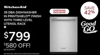 Goemans Appliances KITCHENAID 39 DBA DISHWASHER IN PRINTSHIELD FINISH WITH THIRD LEVEL UTENSIL RACK offer
