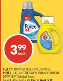 Shoppers Drug Mart FLEECY FABRIC SOFTENER SHEETS (80's), PUREX (1.47L) or TIDE SIMPLY (946mL) LAUNDRY DETERGENT offer