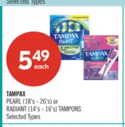 Shoppers Drug Mart TAMPAX PEARL (18's - 26's) or RADIANT (14's - 16's) TAMPONS offer