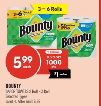 Shoppers Drug Mart BOUNTY PAPER TOWELS 2 Roll - 3 Roll offer