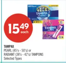 Shoppers Drug Mart TAMPAX PEARL (45's -50's) or RADIANT (38's -42's) TAMPONS offer