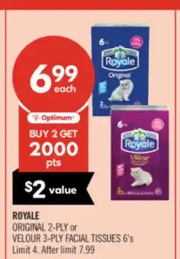 Shoppers Drug Mart ROYALE ORIGINAL 2-PLY or VELOUR 3-PLY FACIAL TISSUES offer