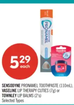 Shoppers Drug Mart SENSODYNE PRONAMEL TOOTHPASTE (110mL), VASELINE LIP THERAPY CUTIES (7g) or TOWNLEY LIP BALMS (2's) offer