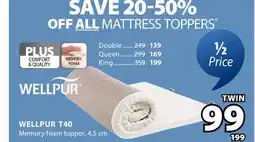 JYSK WELLPUR T40 Memory foam topper offer