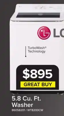 Leon's LG White Mega Capacity Smart Top Load Washer with AI Sensing (5.8 Cu. Ft) - WT8200CW offer