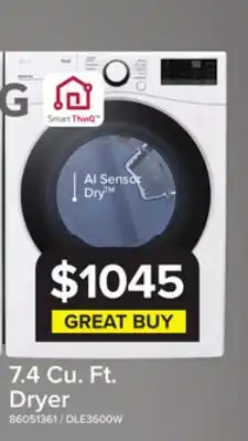 Leon's LG White Smart Wi-Fi Enabled Front Load Electric Dryer with Built-In AI (7.4 Cu. Ft.) - DLE3600W offer