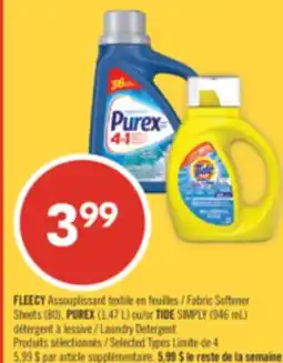 Pharmaprix FLEECY Fabric Softener Sheets (80), PUREX (1,47 L) or TIDE SIMPLY (946 mL) Laundry Detergent offer