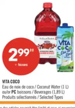 Pharmaprix VITA COCO Coconut Water (1 L) or PC Beverages (1,89 L) offer