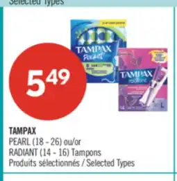 Pharmaprix TAMPAX PEARL (18 - 26) or RADIANT (14 - 16) Tampons offer