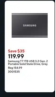 Staples Samsung T7 1TB USB 3.2 Gen. 2 Portable Solid State Drive, Grey offer