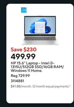 Staples HP 15.6 Laptop - Intel i3-1315U/512GB SSD/16GB RAM/Windows 11 Home offer
