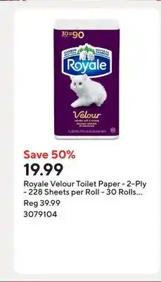 Staples Royale Velour Toilet Paper - 2-Ply - 228 Sheets per Roll - 30 Rolls per Pack offer