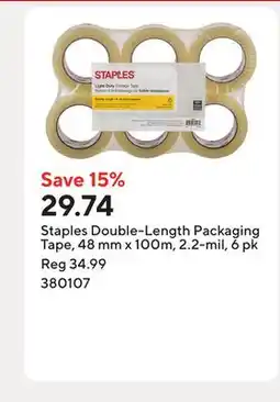 Staples Staples Double-Length Packaging Tape, 48 mm x 100m, 2.2-mil, 6 pk offer